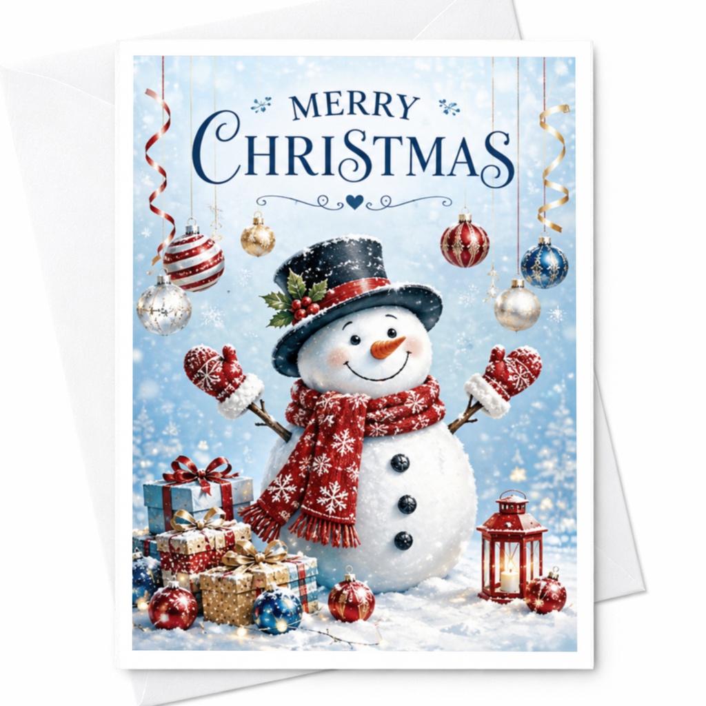 Merry Christmas Snowman Christmas Card Festive Holiday Greeting Card With Gifts And Ornaments Winter Scene For Family Friends C4177