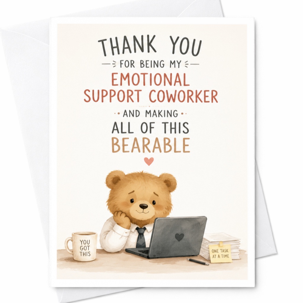Thank You For Being My Emotional Support Coworker And Making All Of This Bearable Thank You Card Cute Bear Office Card For C C4179