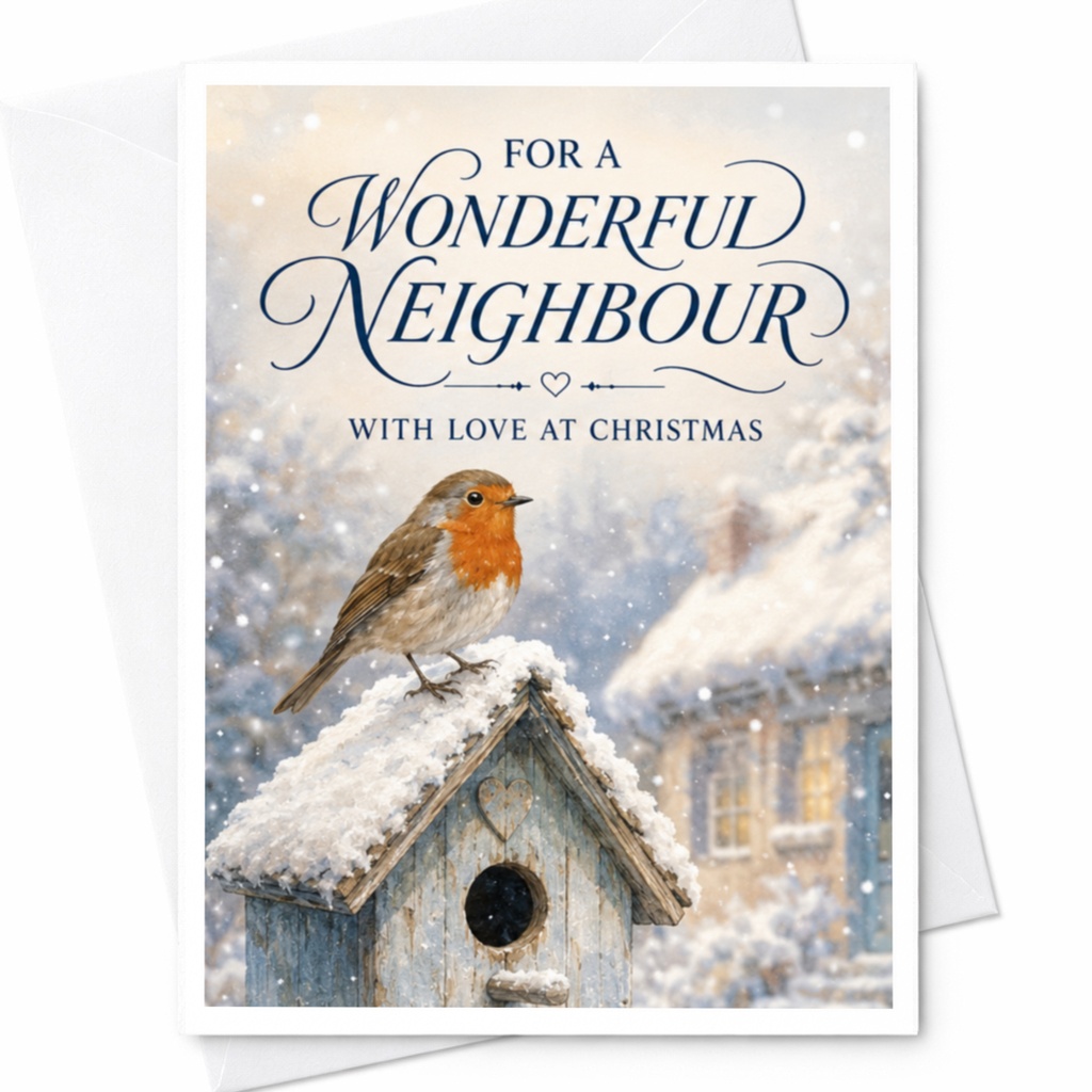 For A Wonderful Neighbour With Love At Christmas Card Festive Greeting Card Robin Birdhouse Winter Scene Holiday Card C4180