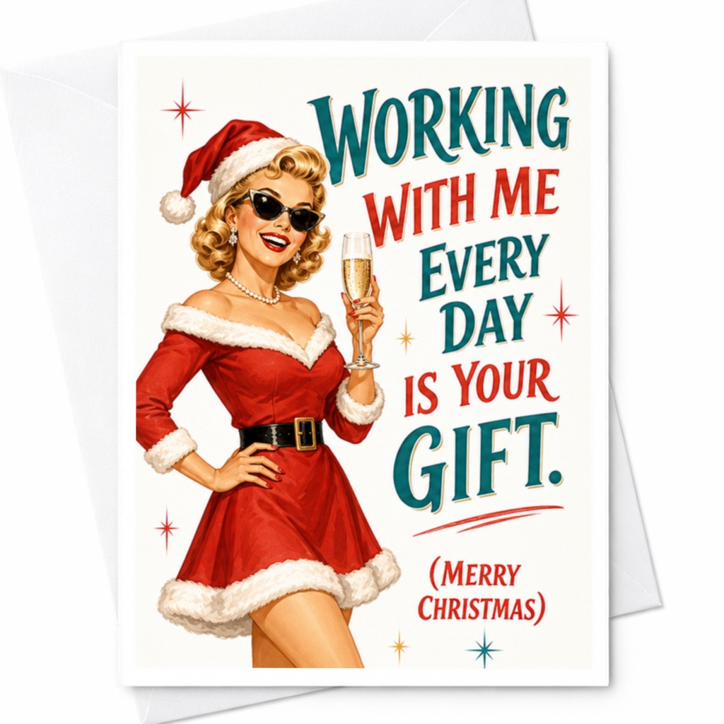 Working With Me Every Day Is Your Gift. Merry Christmas Funny Christmas Card Retro Santa Woman Holiday Greeting Card For Coworker C4189