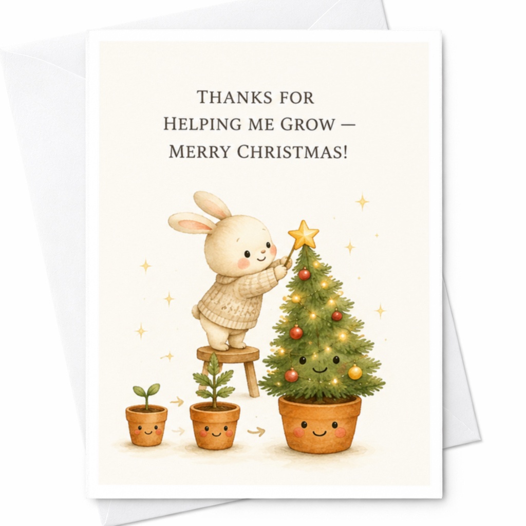 Thanks For Helping Me Grow — Merry Christmas! Cute Bunny Christmas Card Holiday Greeting For Friend Family Teacher C4190