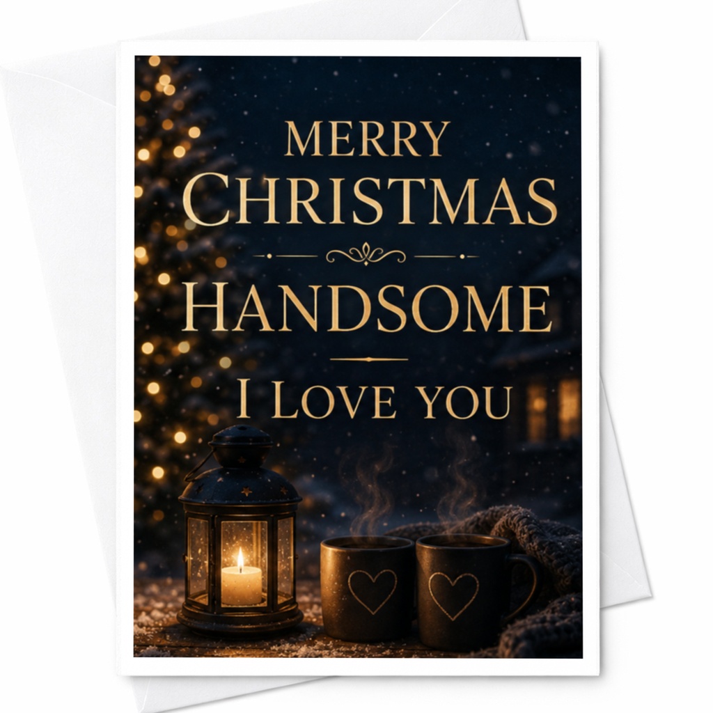 Merry Christmas Handsome I Love You Romantic Christmas Card For Him Husband Boyfriend Cozy Winter Scene Love Card C4197