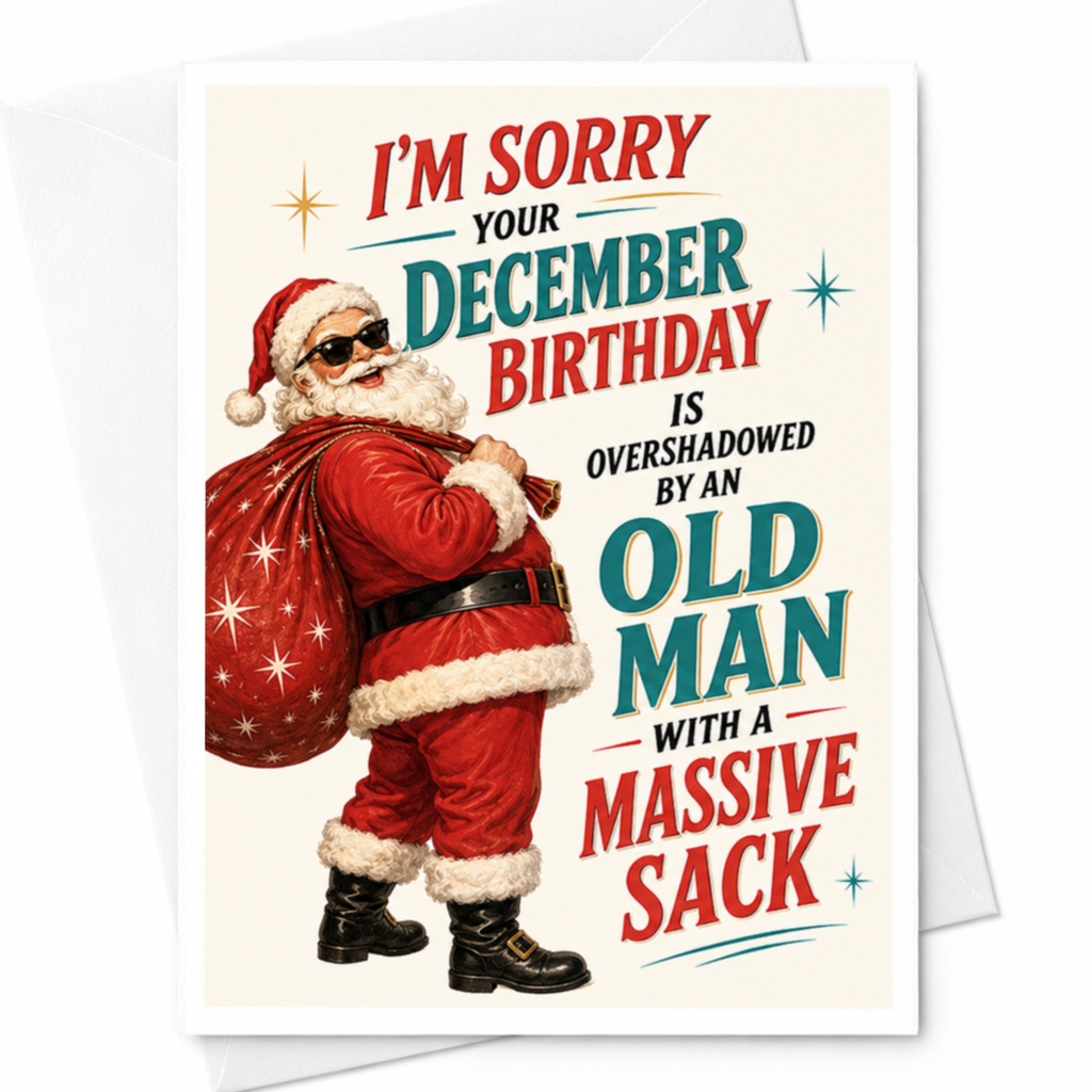 I'm Sorry Your December Birthday Is Overshadowed By An Old Man With A Massive Sack Funny Christmas Birthday Card Santa C4200