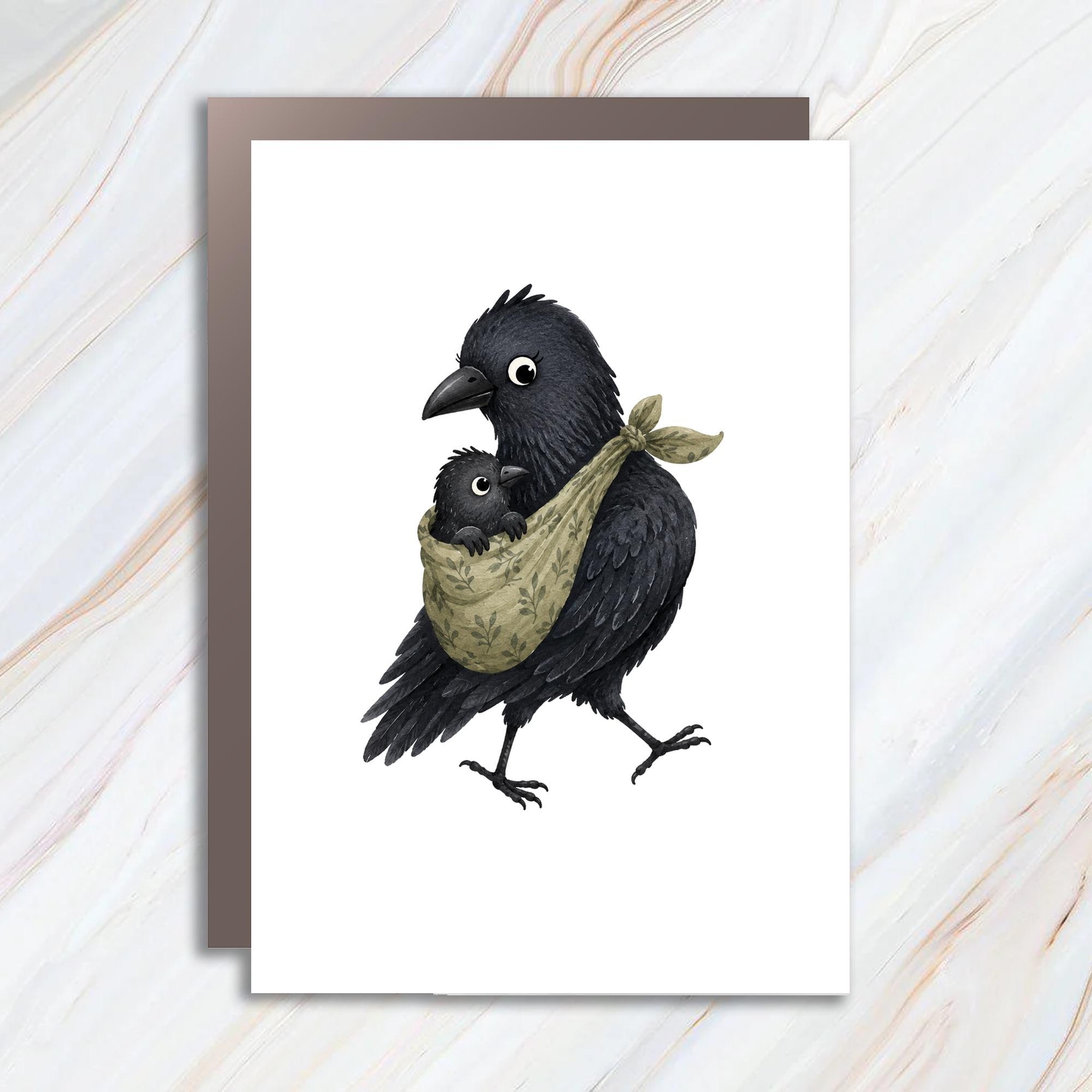 Crow With Baby In Sling Blank Greeting Card Cute Animal Card For Bird Lover Mother's Day Card Adorable Illustration C110