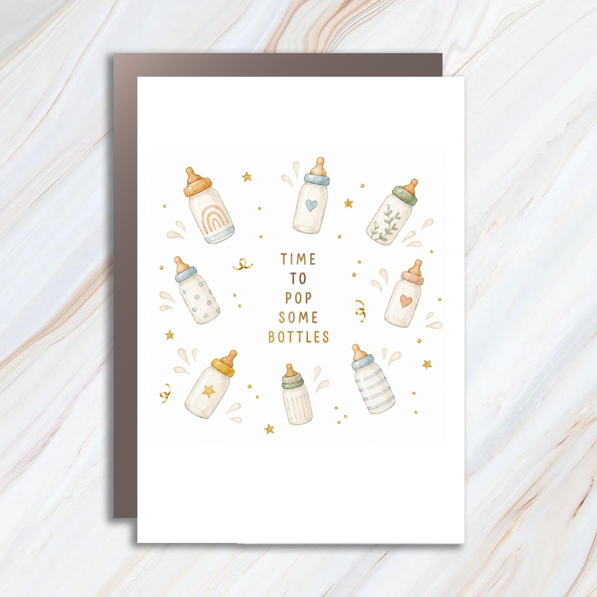 Time To Pop Some Bottles Baby Shower Card Cute Baby Bottle New Parents Greeting Card Funny Baby Announcement C911