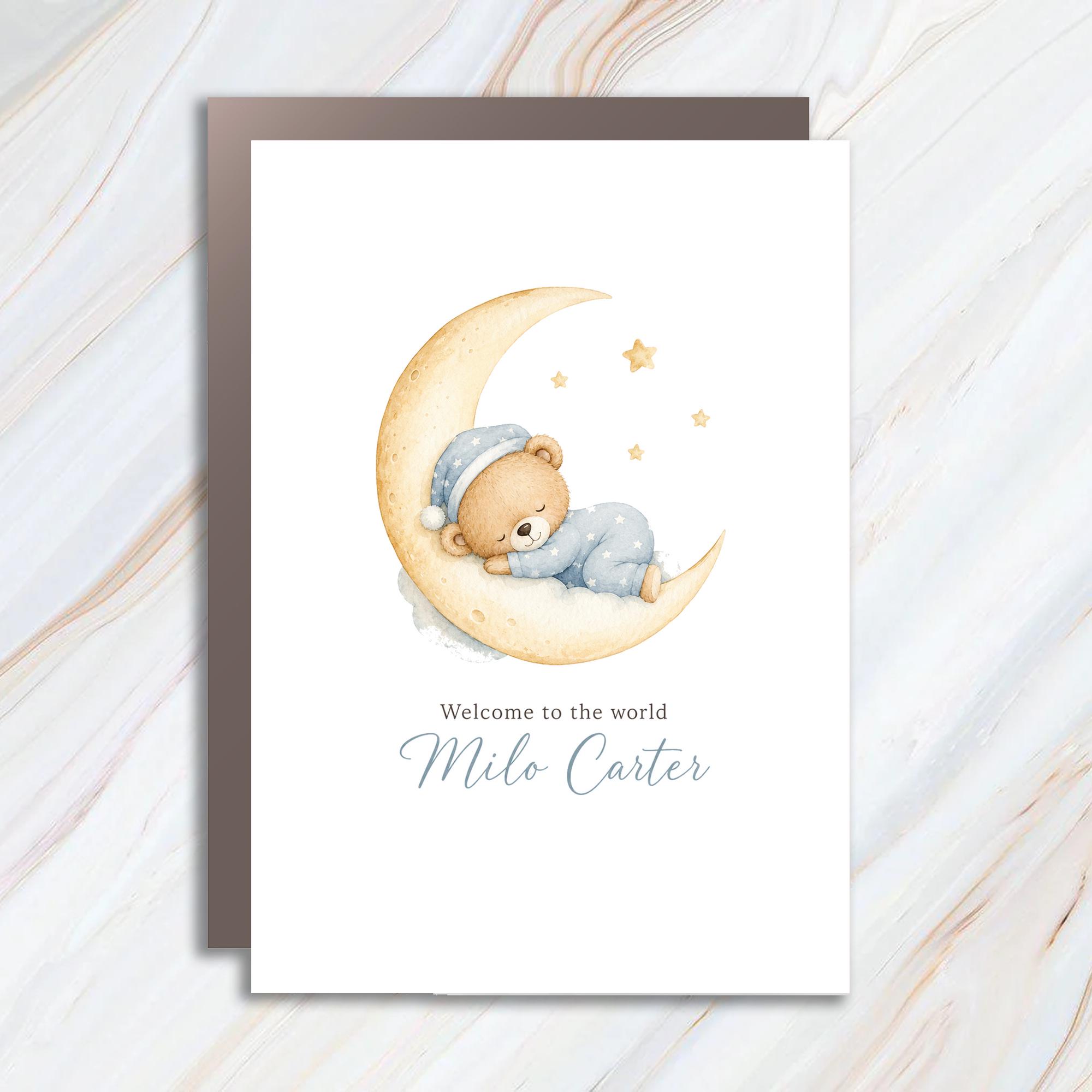 Welcome To The World Milo Carter New Baby Card Cute Bear On Moon Personalized Greeting Card For New Parents Baby Shower C914