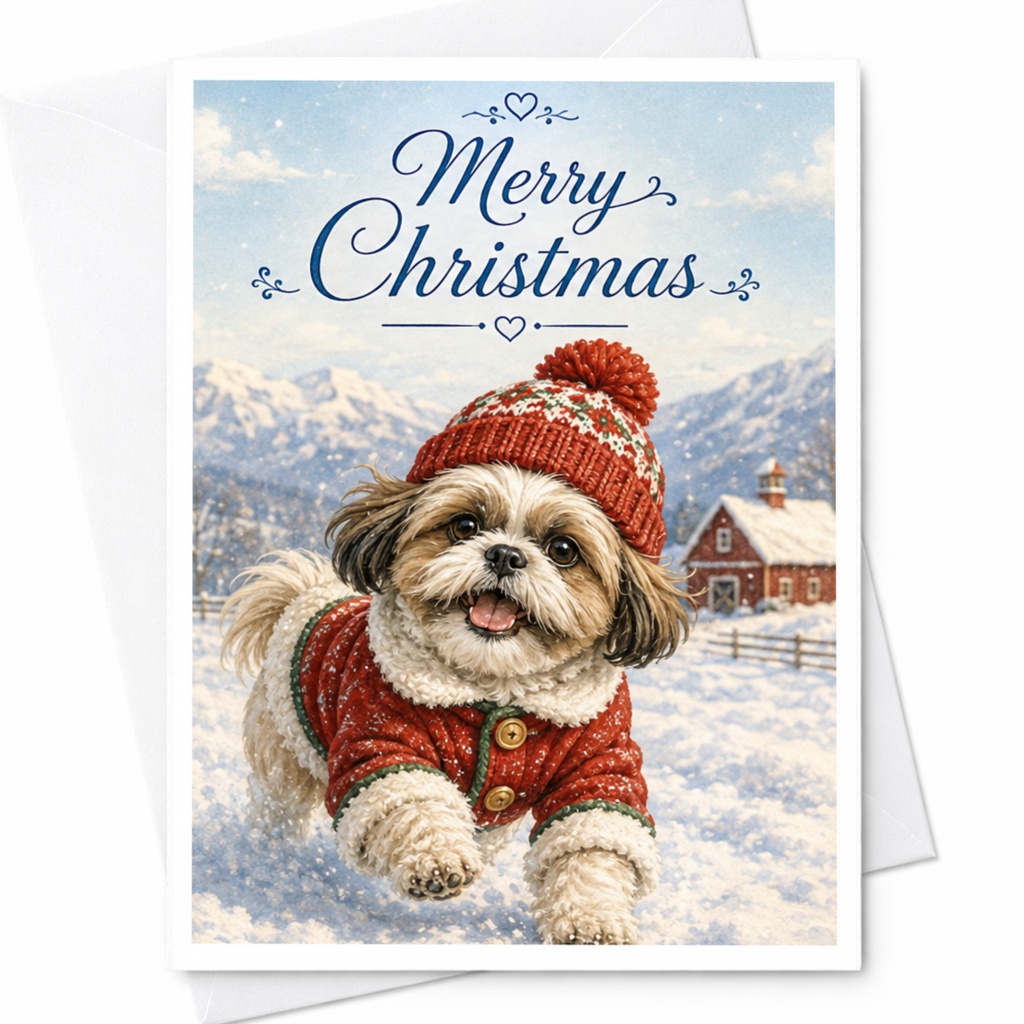 Merry Christmas Cute Dog Christmas Card Winter Holiday Greeting Card For Dog Lover Festive Pet Card Snowy Scene C4214