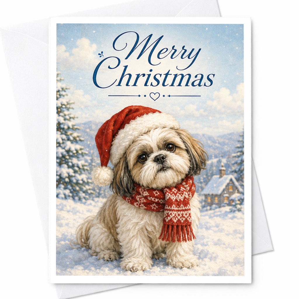 Merry Christmas Cute Dog Christmas Card Adorable Puppy In Santa Hat Holiday Greeting Card For Dog Lovers Festive Winter Scene C4215