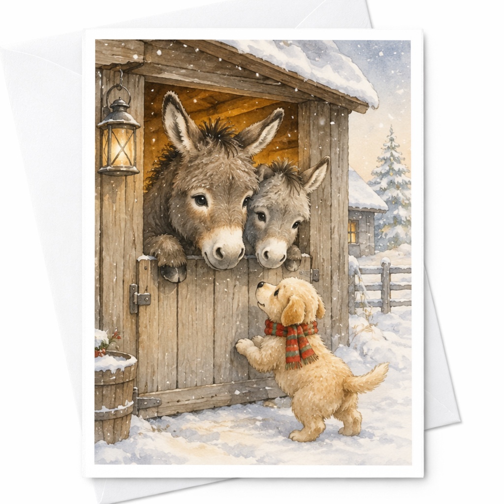 Dog And Donkeys In Snow Christmas Card Cute Winter Scene Holiday Greeting Card Animal Lover Festive Card For Friends Family C4216
