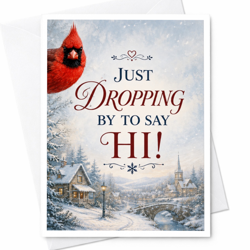 Just Dropping By To Say Hi! Christmas Card Cardinal Winter Village Scene Holiday Greeting Card For Friends Family Seasonal C4218