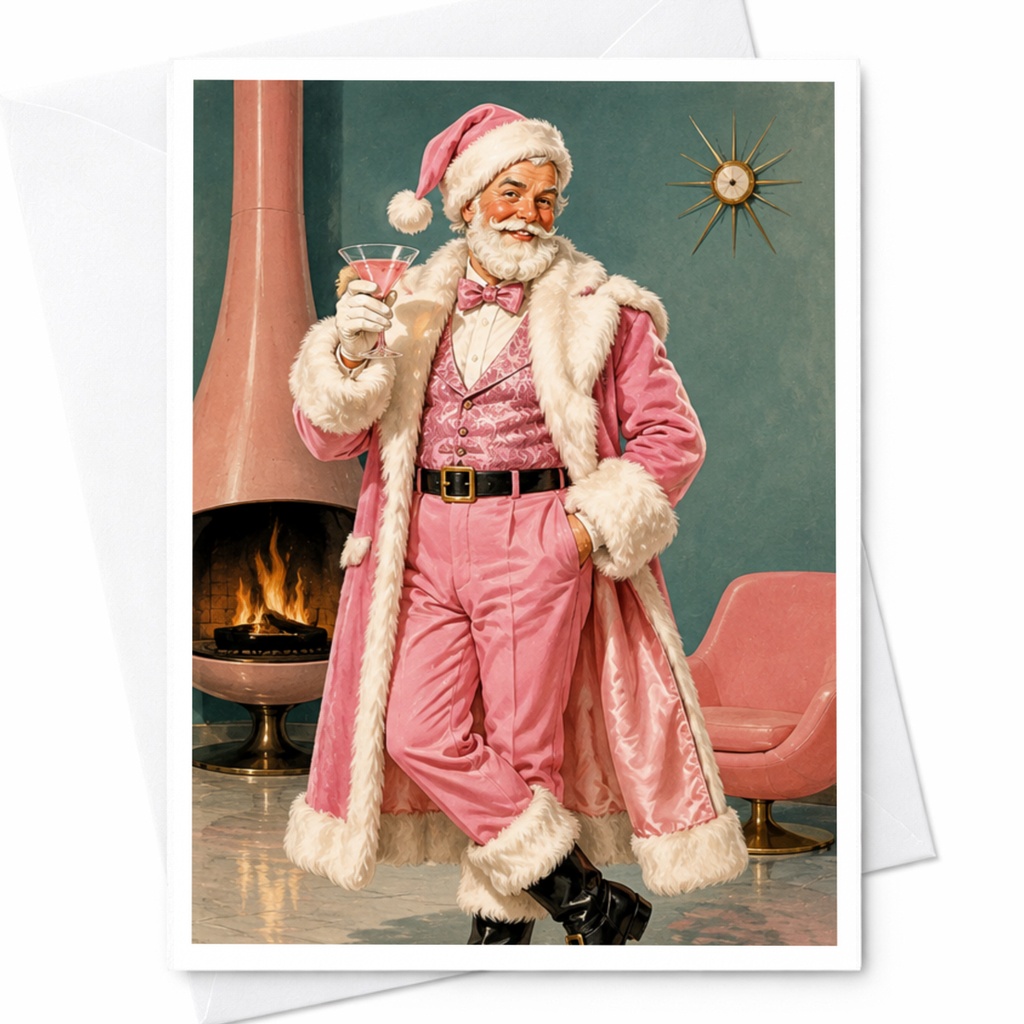 Retro Santa In Pink Suit Christmas Card Vintage Holiday Greeting Card Mid-Century Style Festive Art For Collectors C4223