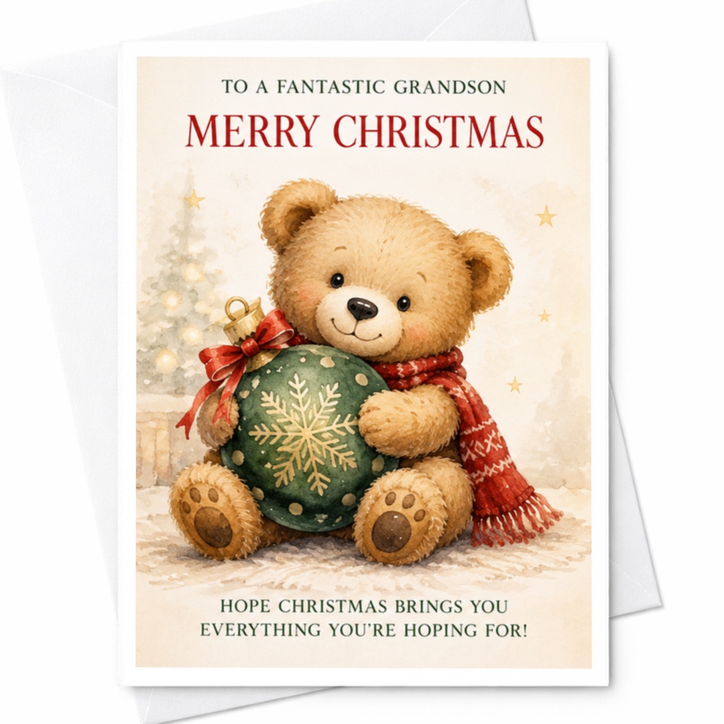 To A Fantastic Grandson Merry Christmas Card Cute Teddy Bear Christmas Card For Grandson Holiday Greeting Card Festive Xmas Card C4224