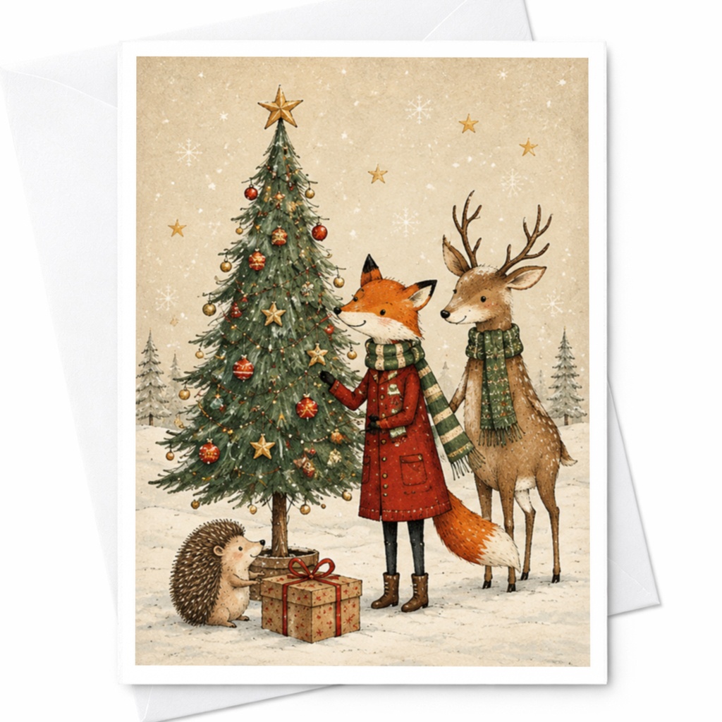 Fox Deer Hedgehog Christmas Tree Card Cute Animal Holiday Greeting Card Woodland Friends Christmas Card For Kids Family C4230
