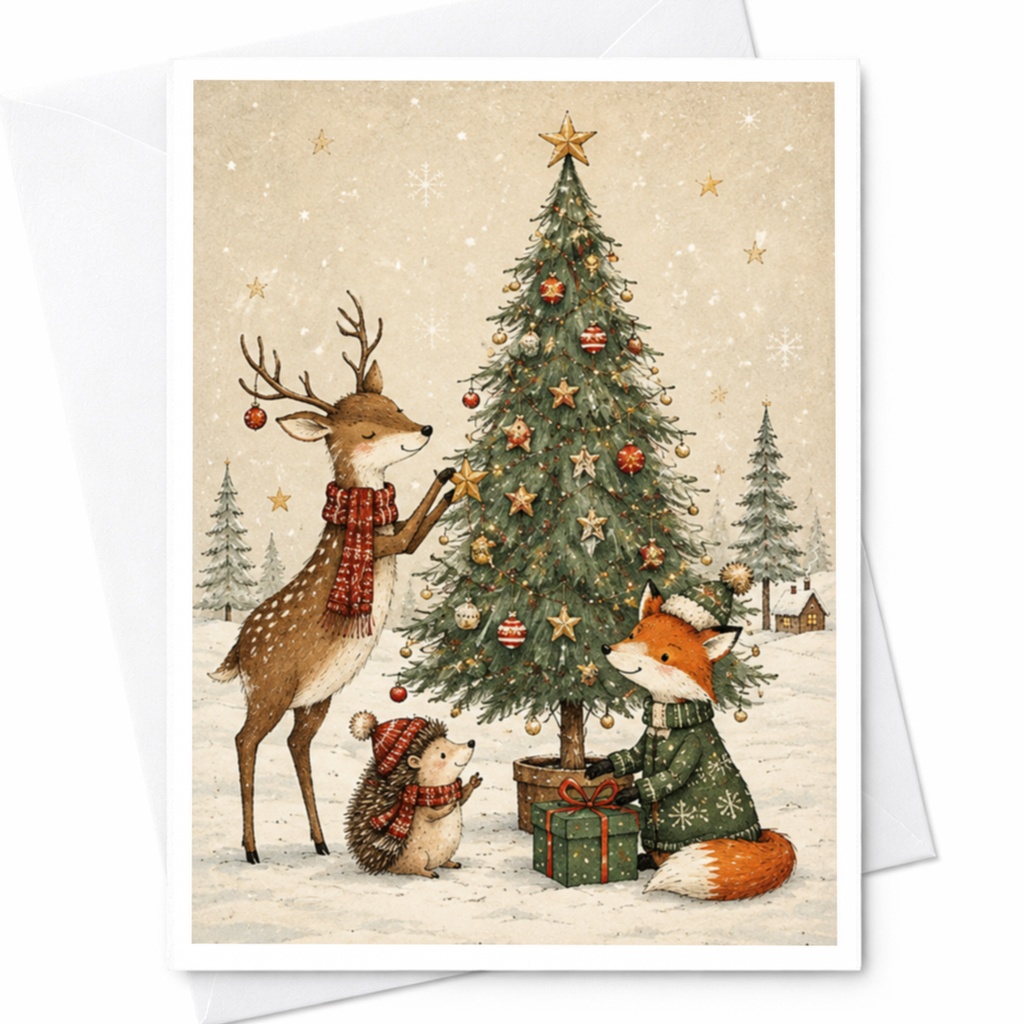 Cute Animal Christmas Card Deer Fox Hedgehog Holiday Greeting Card Woodland Creatures Festive Winter Scene For Kids Family C4231
