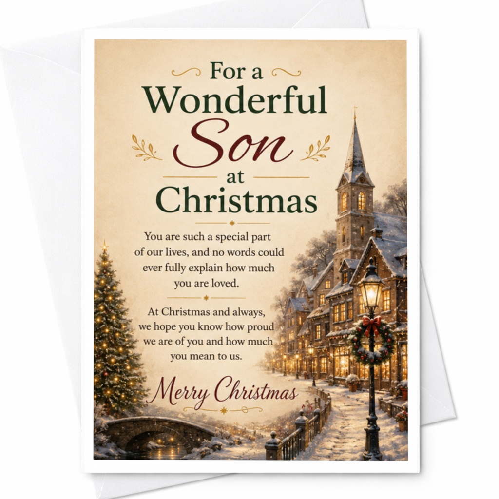 For A Wonderful Son At Christmas Christmas Card Festive Holiday Greeting Card For Son With Village Scene And Tree C4233