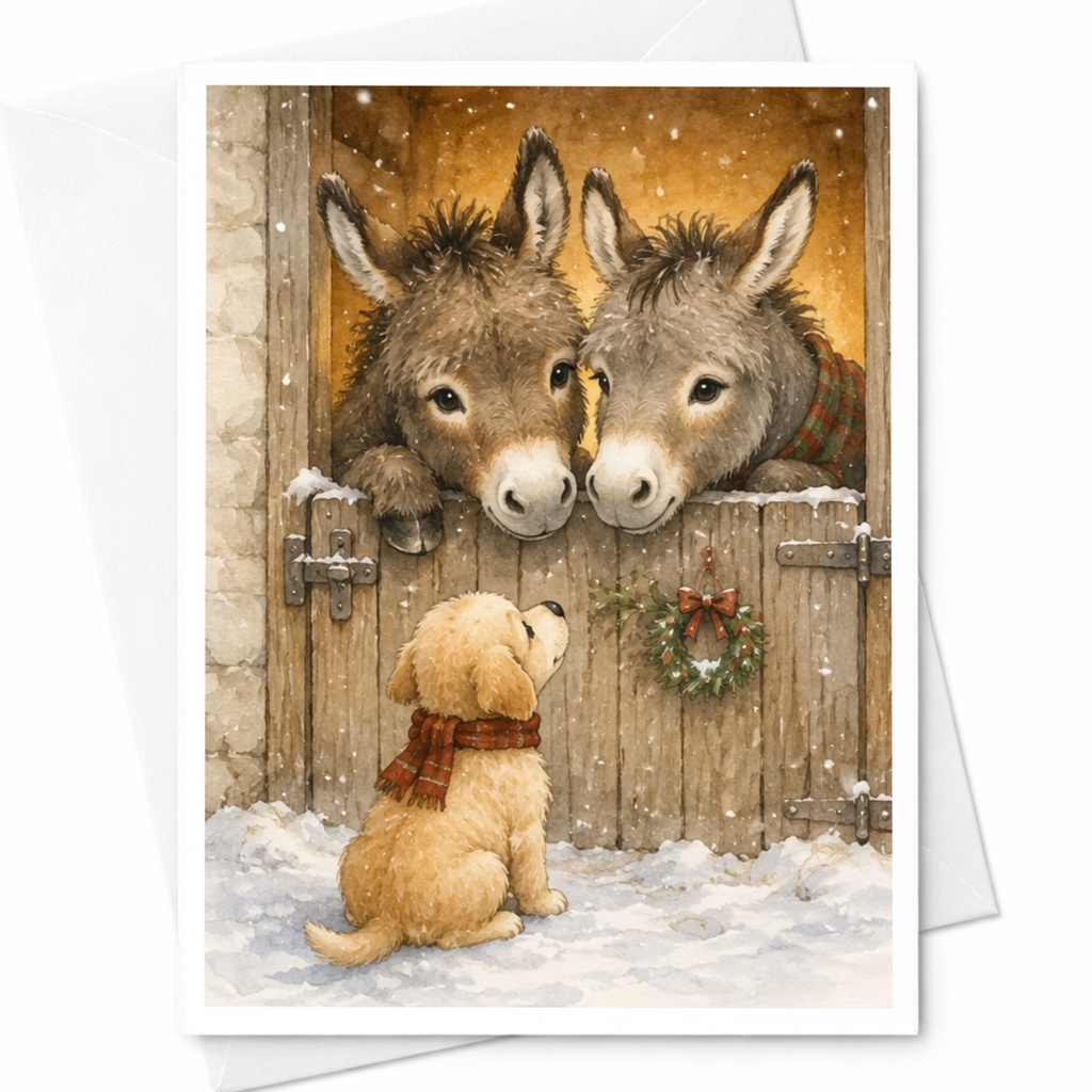 Puppy And Donkeys Christmas Card Cute Animal Holiday Greeting Card Winter Scene For Dog Lover Festive Card With Envelope C4217