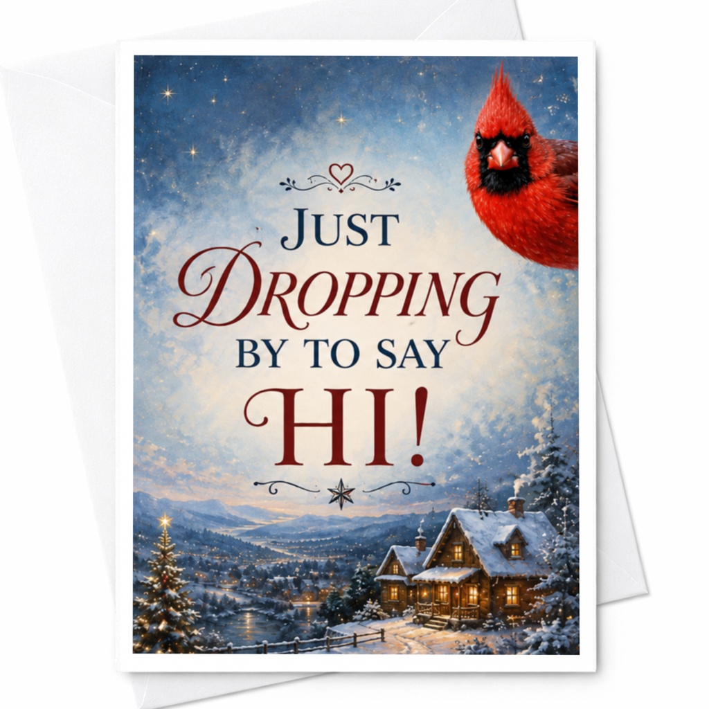 Just Dropping By To Say Hi! Christmas Card Cardinal Winter Scene Holiday Greeting Cozy Cabin Snowy Landscape C4219