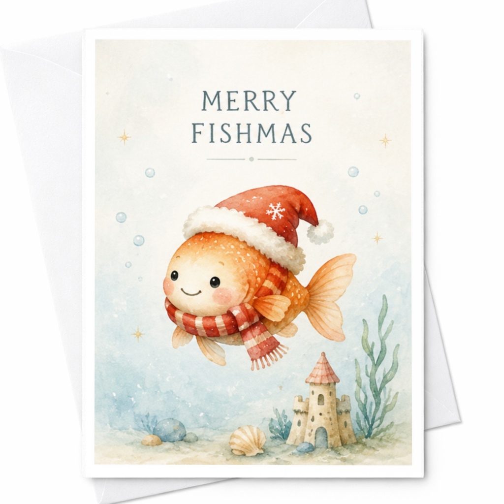 Merry Fishmas Funny Christmas Card Cute Fish With Santa Hat Holiday Greeting Card For Anglers Fishing Lovers Nature Enthusiasts C4237