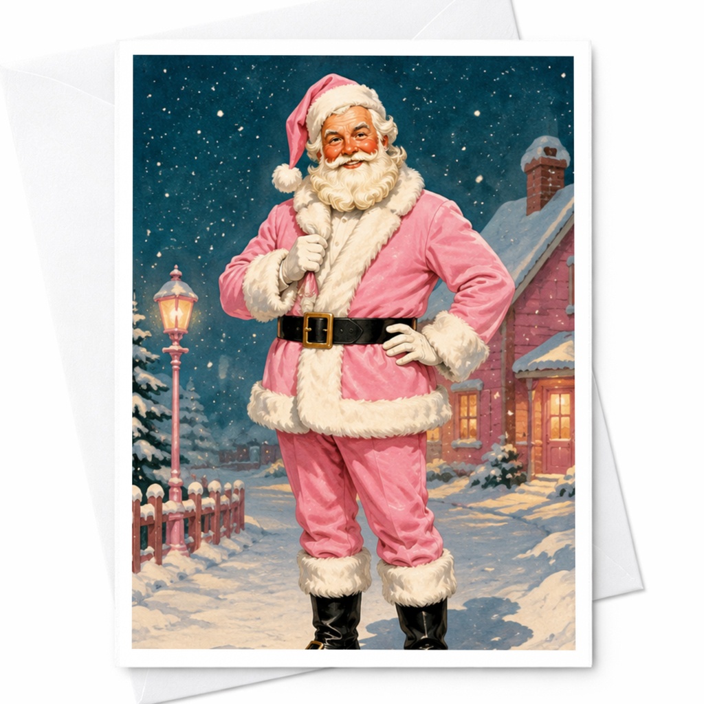 Vintage Santa In Pink Suit Christmas Card Retro Holiday Greeting Card Classic Pin-Up Art Festive Winter Scene Collectible C4222