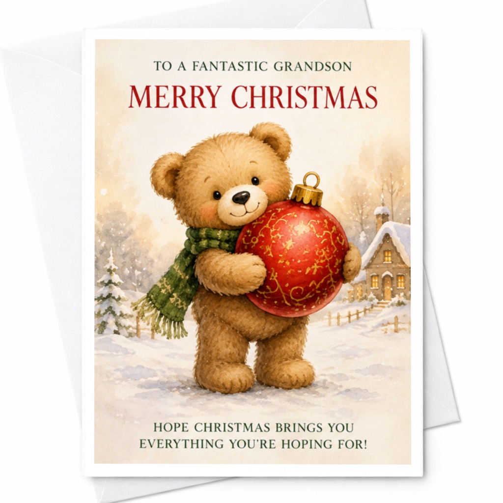 To A Fantastic Grandson Merry Christmas Card Cute Teddy Bear Holiday Greeting Card For Grandson Festive Xmas Card With Ornament C4225