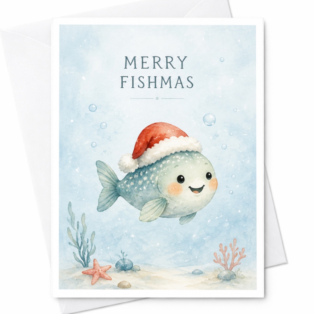 Merry Fishmas Funny Christmas Card Cute Fish With Santa Hat Holiday Greeting Card For Anglers Fishing Lovers Nature Enthusiasts C4236