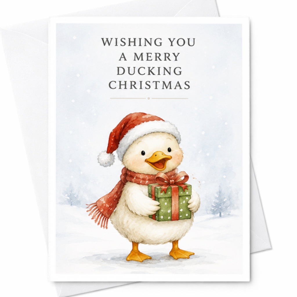 Wishing You A Merry Ducking Christmas Funny Christmas Card Cute Duck With Gift Santa Hat Holiday Greeting Card For Friend C4245