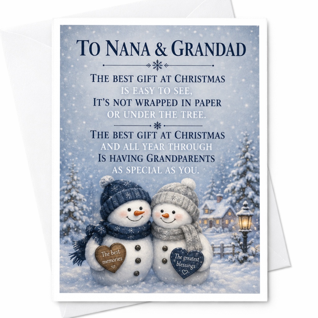 To Nana & Grandad Christmas Card Snowmen With Hearts Holiday Greeting Card For Grandparents Festive Xmas Card Special Gift C4246
