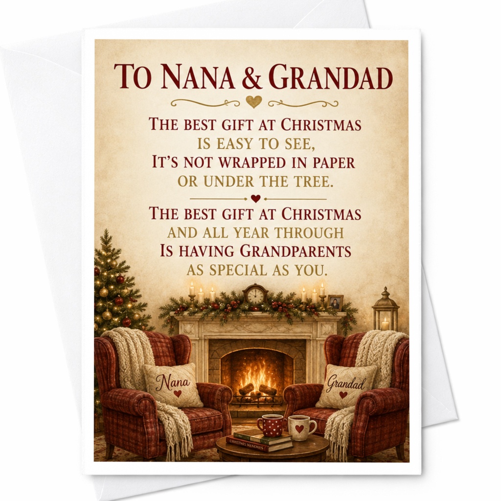 To Nana & Grandad Christmas Card For Grandparents Cozy Holiday Greeting Special Gift Sentimental Festive Fireplace Scene C4247
