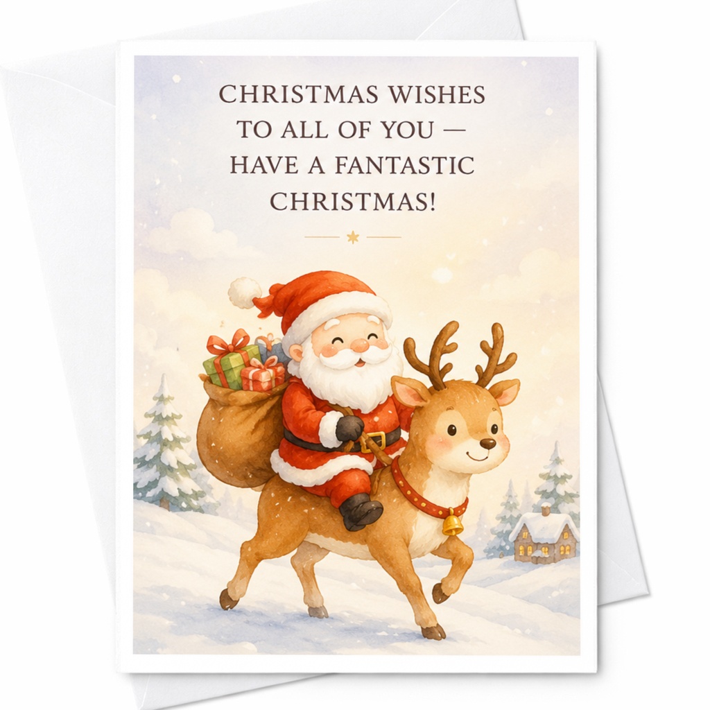 Christmas Wishes To All Of You — Have A Fantastic Christmas! Cute Santa Reindeer Christmas Card Holiday Greeting Card For Family C4255
