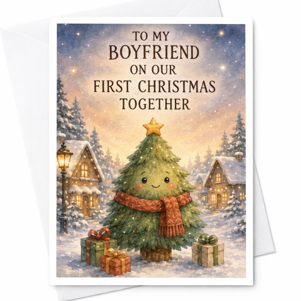 To My Boyfriend On Our First Christmas Together Cute Christmas Card For Him Romantic Holiday Greeting Card With Tree And Gifts C4262