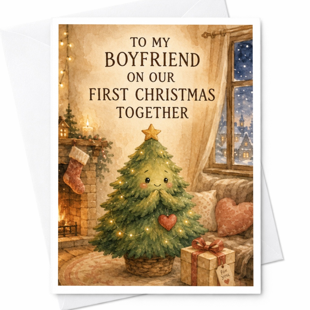 To My Boyfriend On Our First Christmas Together Cute Christmas Card For Boyfriend Romantic Holiday Greeting Card Cozy Winter Scene C4263