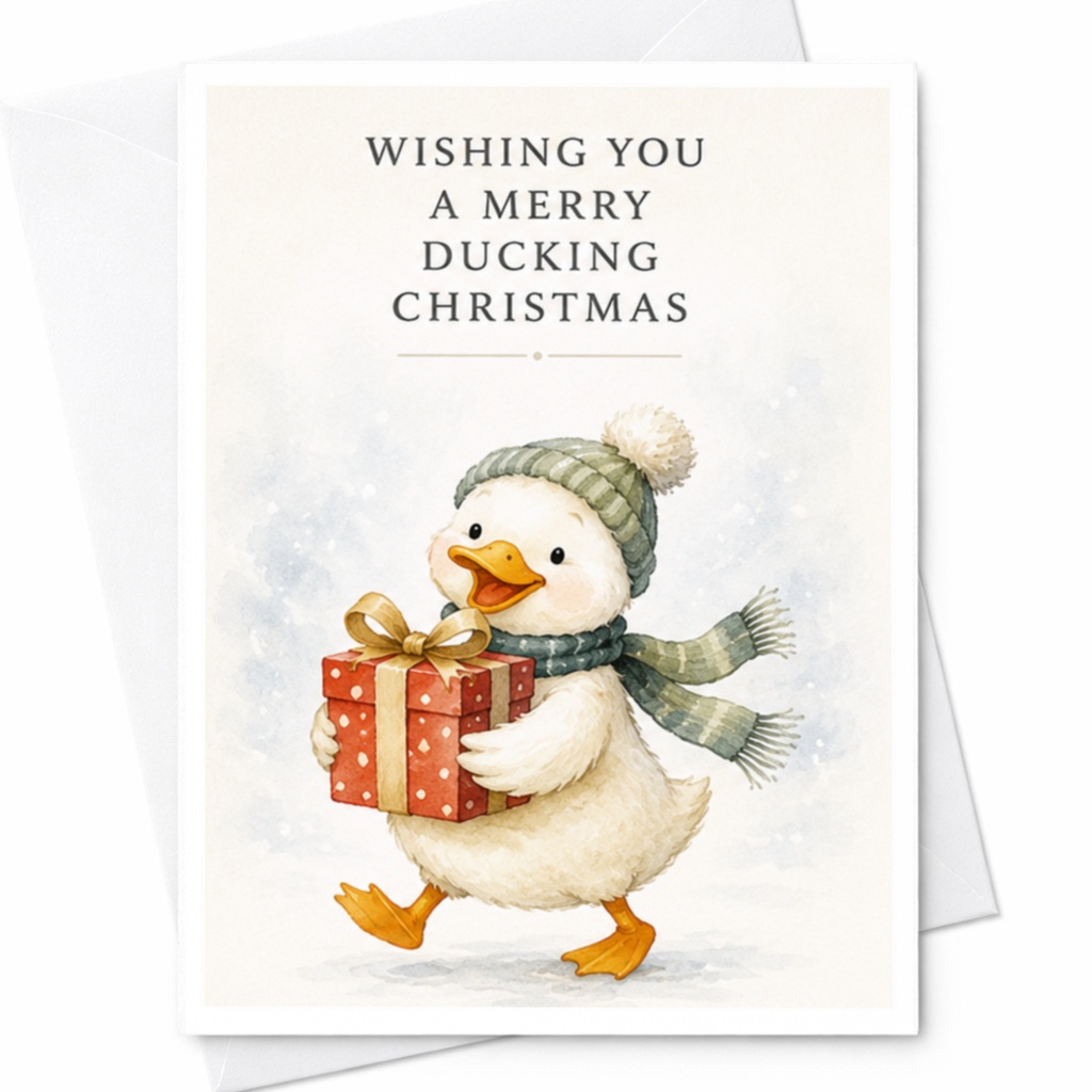 Wishing You A Merry Ducking Christmas Funny Christmas Card Cute Duck With Gift Holiday Greeting For Friend Family Animal Lover C4244