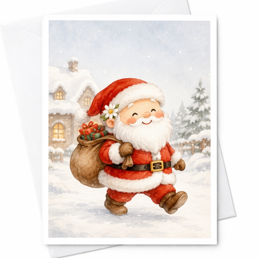 Santa Claus Christmas Greeting Card Cute Holiday Card For Family Friends Festive Winter Scene With Gifts And Snowy Village C4252