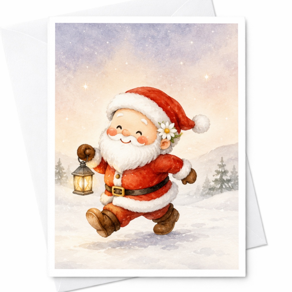 Cute Santa With Lantern Christmas Greeting Card Festive Holiday Card For Family Friends Whimsical Santa Claus C4253