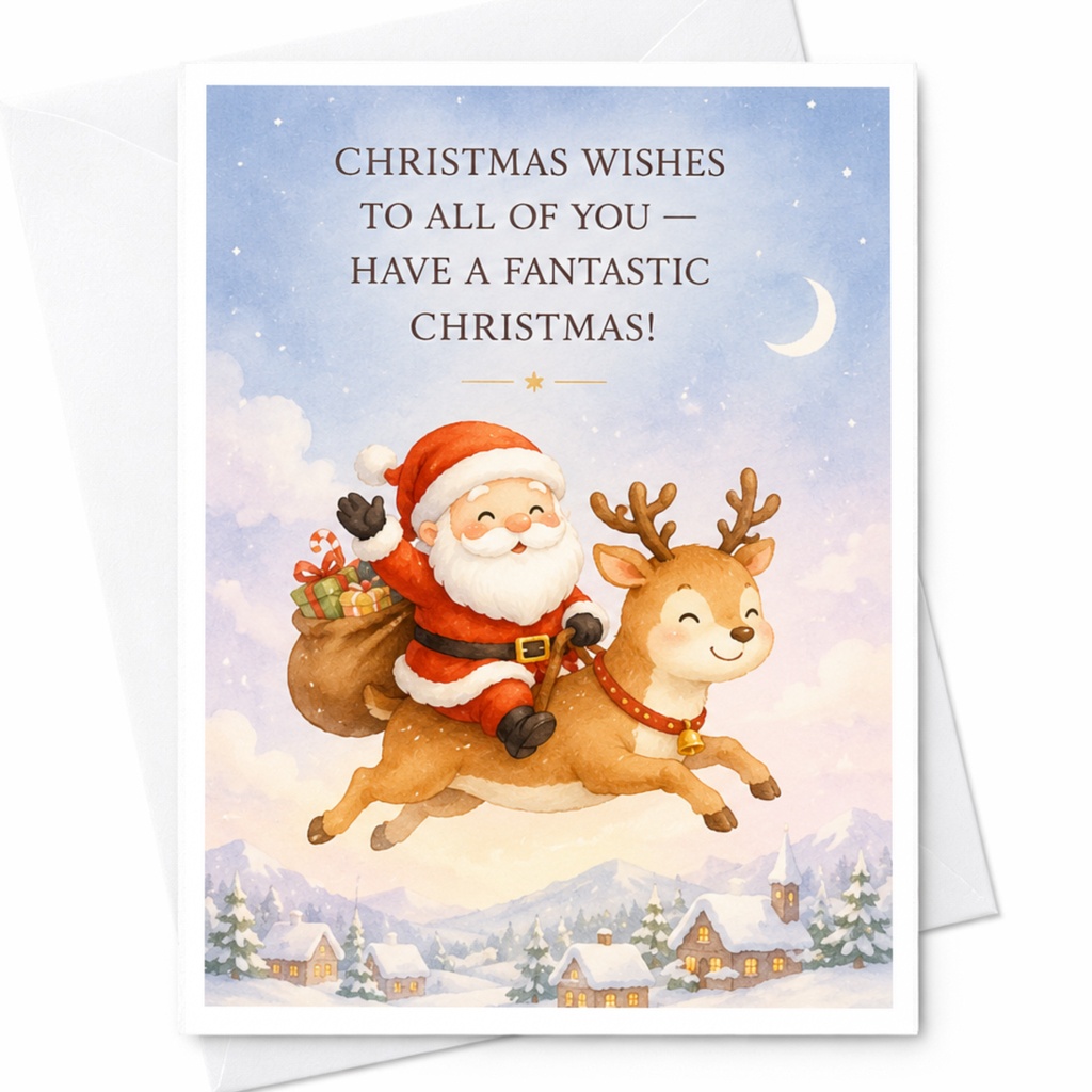 Christmas Wishes To All Of You — Have A Fantastic Christmas! Cute Santa And Reindeer Christmas Card Festive Holiday Greeting Card C4254