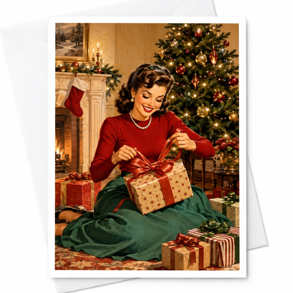 Vintage Christmas Greeting Card Retro Holiday Scene With Woman And Gifts Festive Xmas Card For Her Family Friends C4258