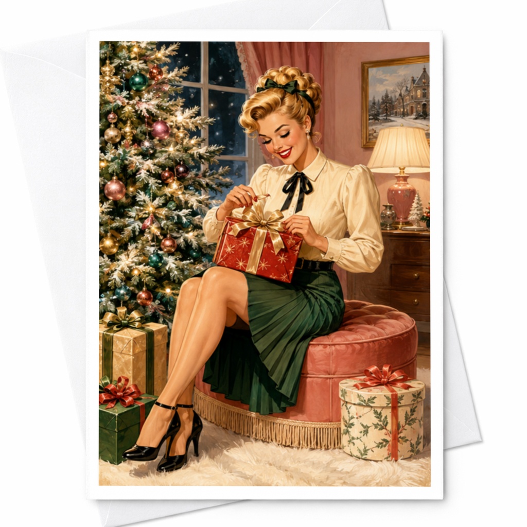 Vintage Christmas Card Retro Holiday Greeting Card Festive Woman With Gifts For Her Seasonal Celebration Card C4259
