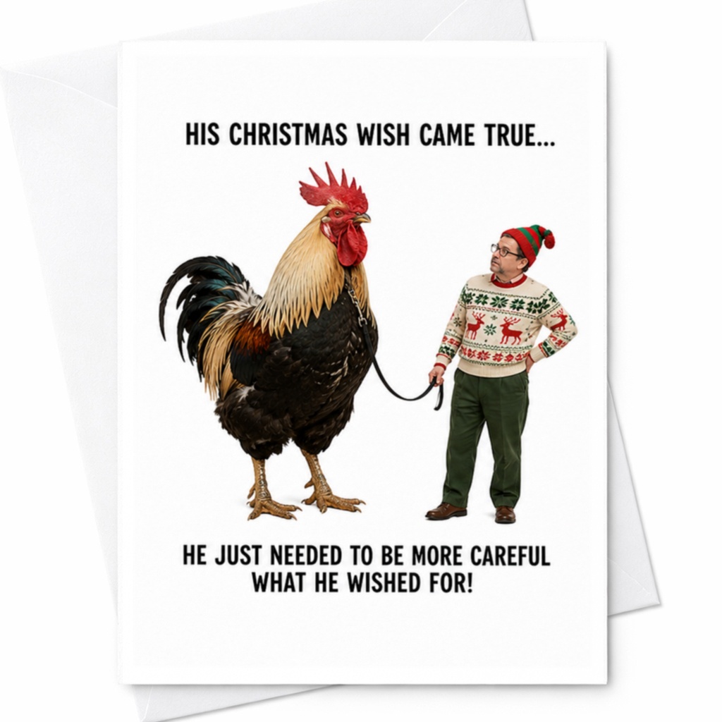 His Christmas Wish Came True... Funny Christmas Card Man With Giant Rooster Holiday Greeting Card For Him C4265