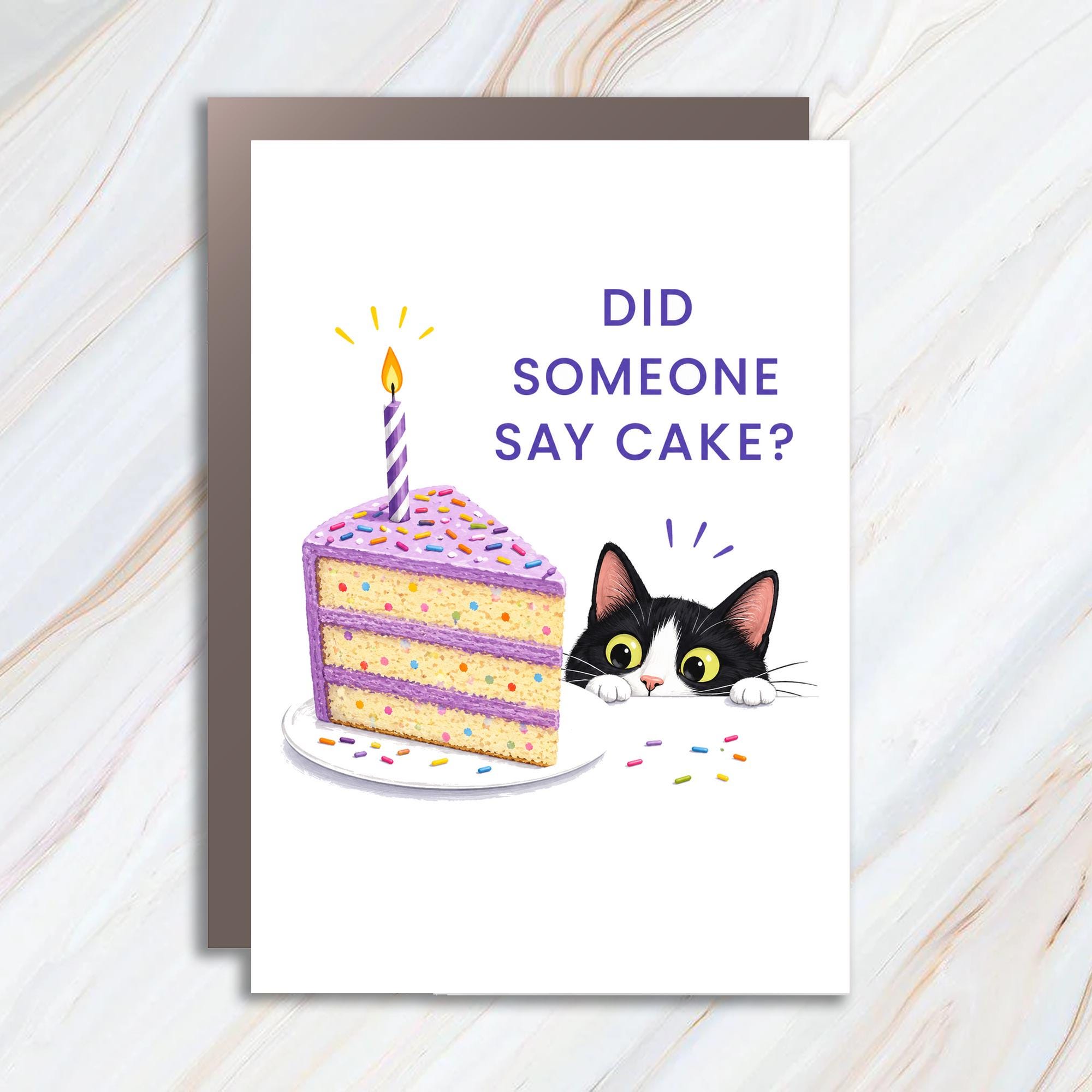 Did Someone Say Cake? Funny Birthday Card Cute Cat With Cake Illustration For Cat Lover Celebration Greeting Card C922