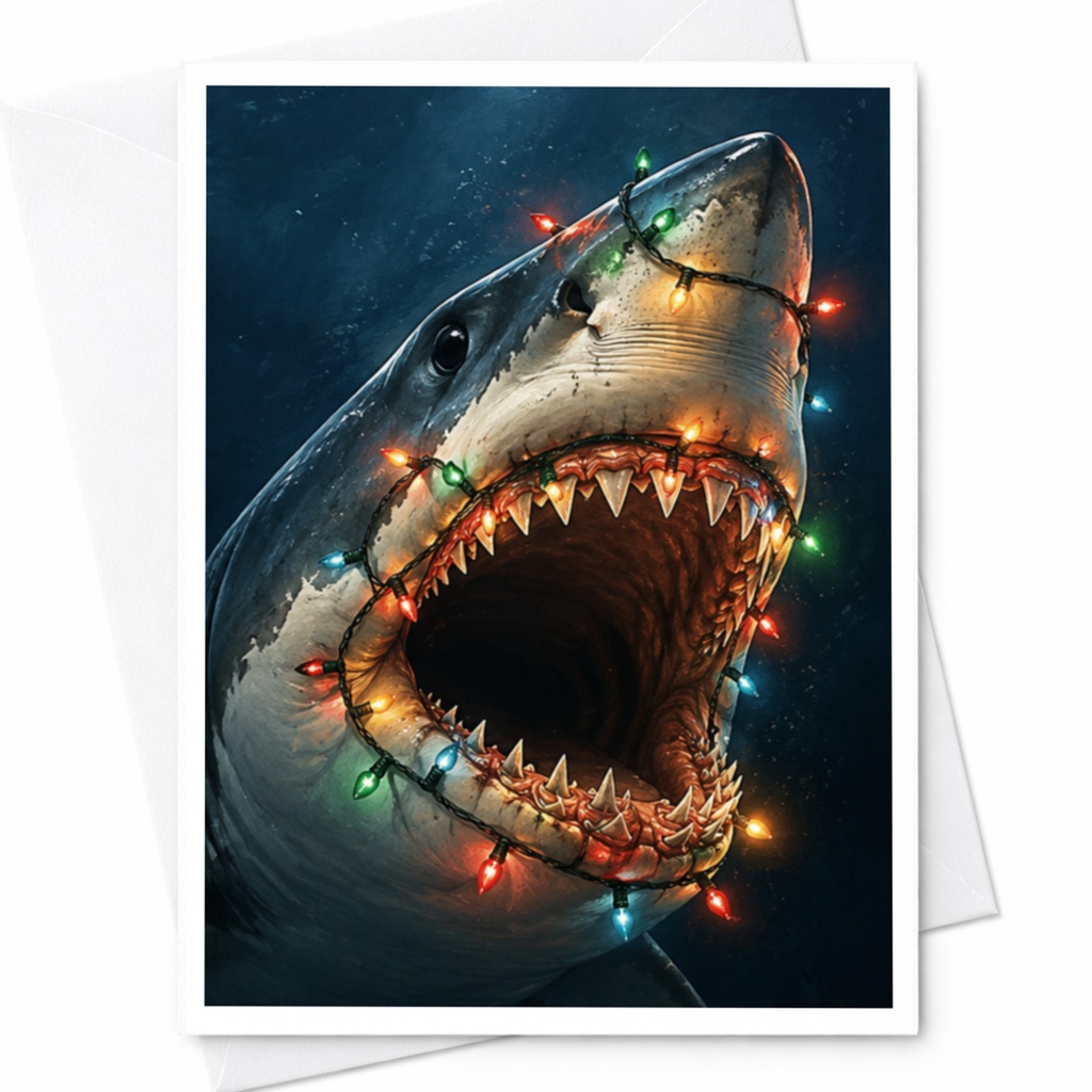 Shark With Christmas Lights Funny Holiday Card Greeting Card For Ocean Lover Blank Note Card With Envelope C4267