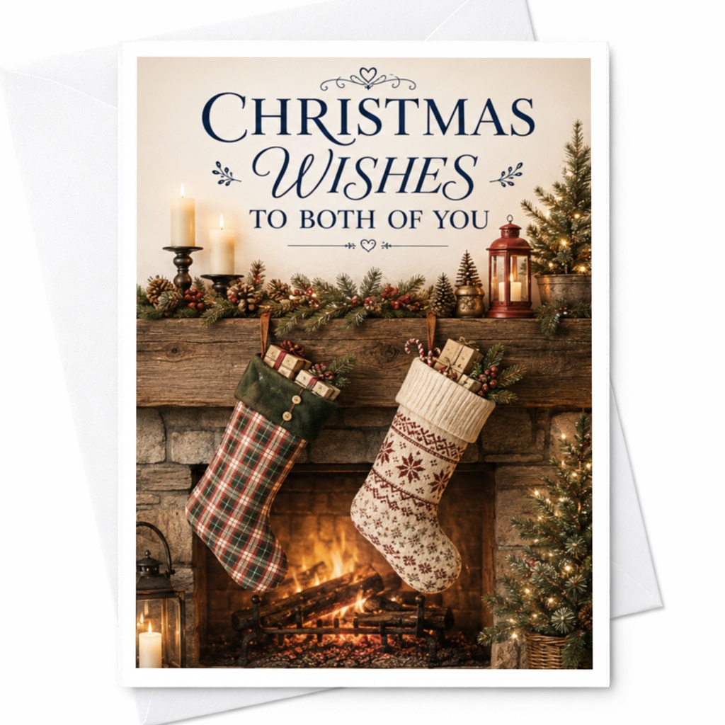 Christmas Wishes To Both Of You Christmas Card Holiday Greeting Card For Couple Festive Fireplace Stockings Mantel Decor C4269