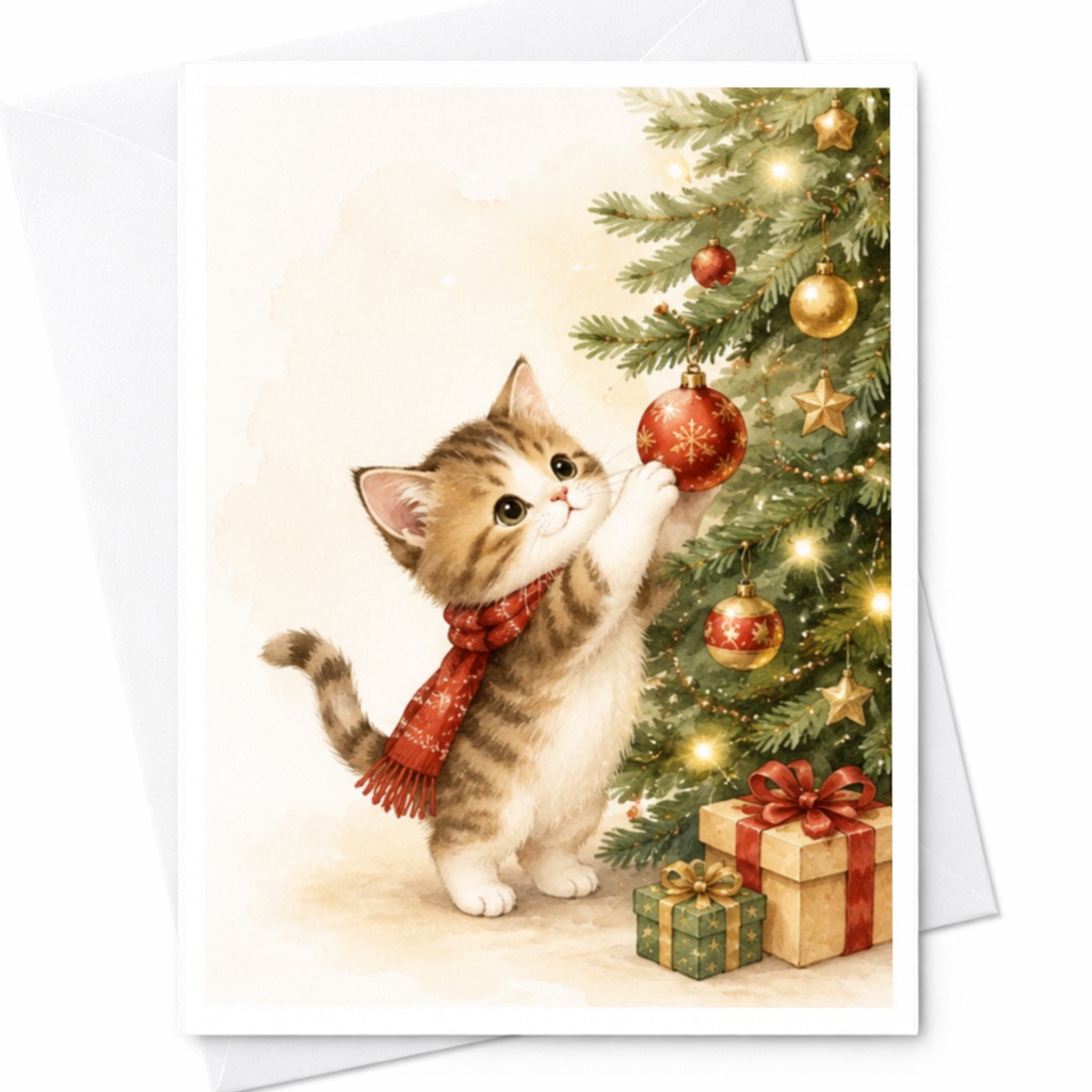 Vintage Kitten Christmas Card Cute Cat Holiday Greeting Card Retro Winter Scene For Cat Lovers Festive Xmas Card C4272