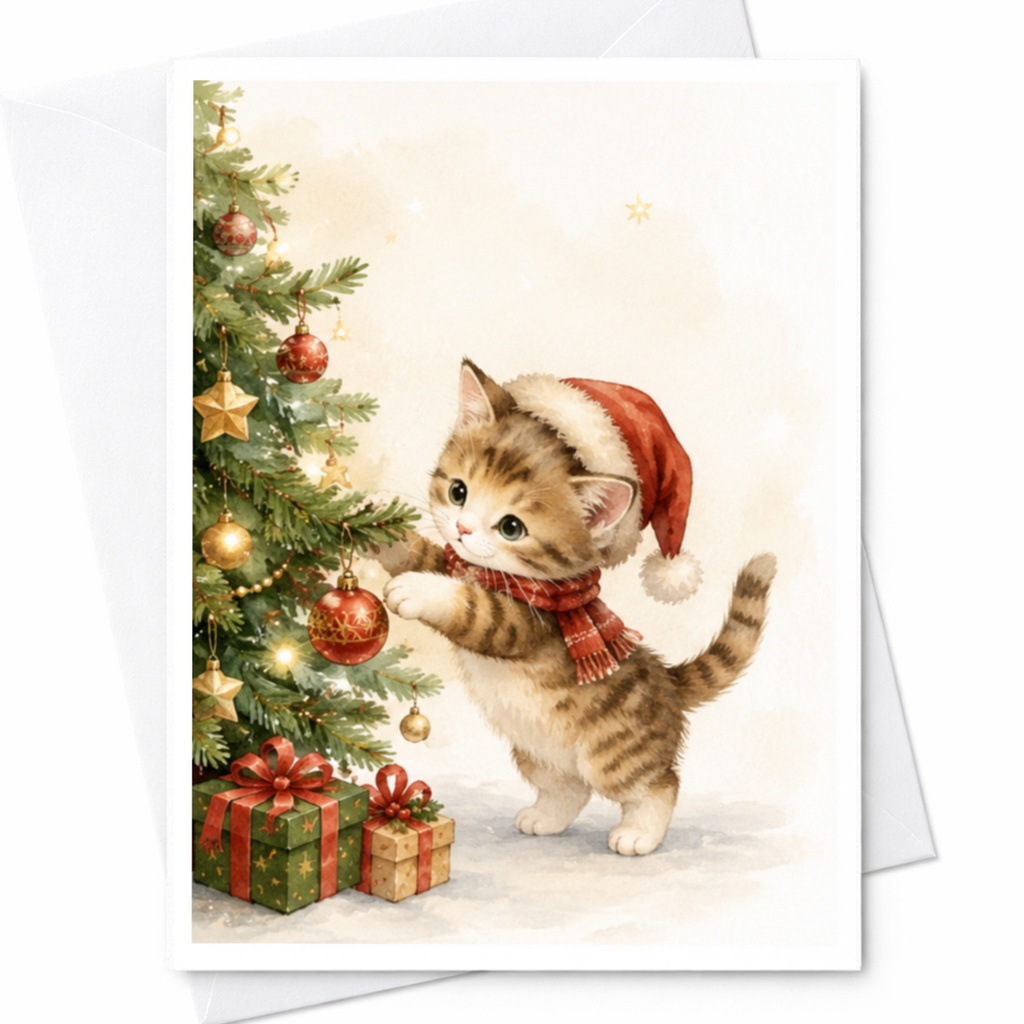 Cute Kitten Christmas Card Holiday Greeting Card Cat Lover Gift Adorable Tabby Kitten With Tree Festive Winter Scene C4273