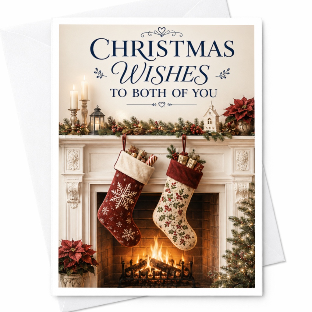 Christmas Wishes To Both Of You Christmas Card Holiday Greeting For Friends Family Festive Fireplace Stocking C4268