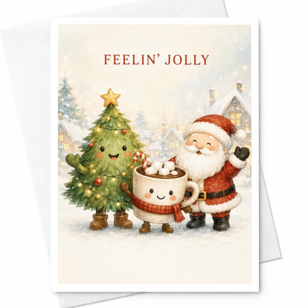 Feelin' Jolly Christmas Card Cute Santa Tree Hot Chocolate Holiday Greeting Card Festive Winter Scene For Family Friends C4276