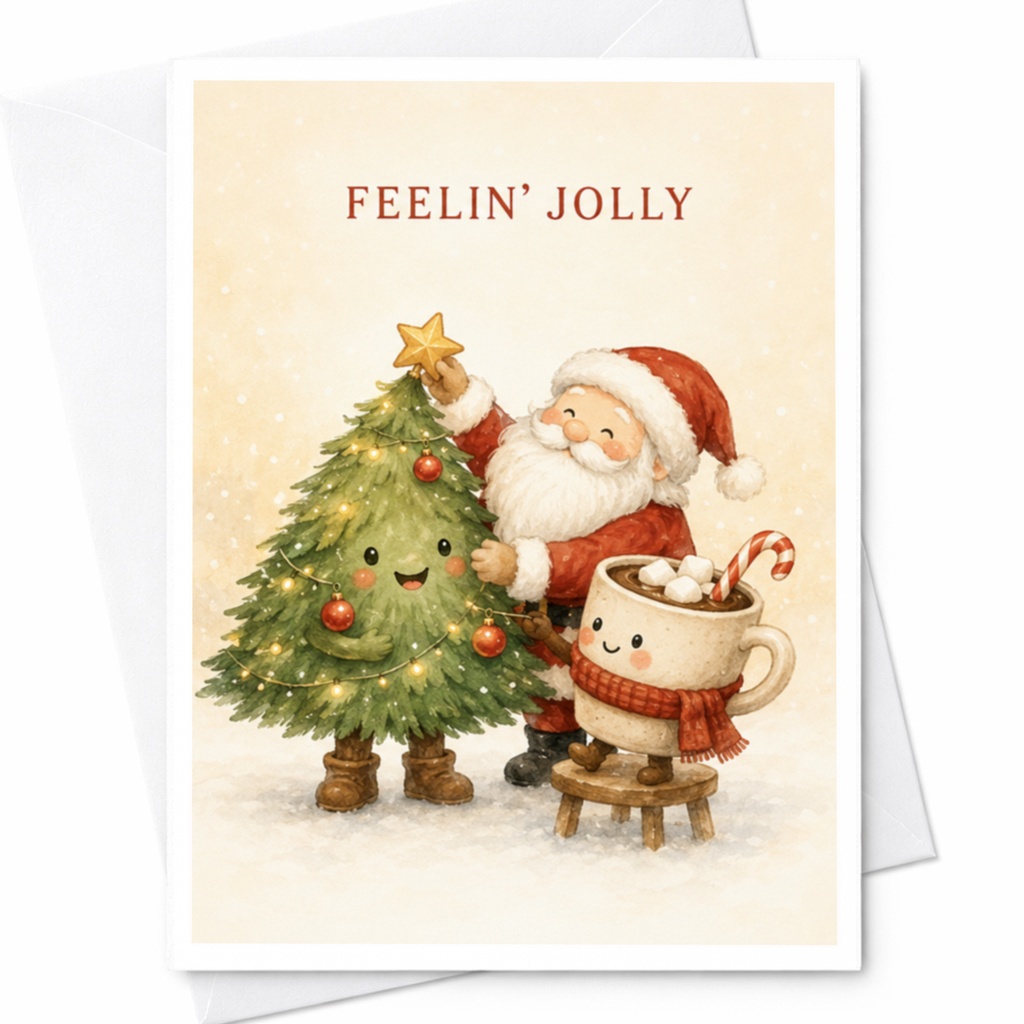 Feelin' Jolly Christmas Card Cute Santa Tree Hot Chocolate Holiday Greeting Card Festive Xmas Card For Family Friends C4277