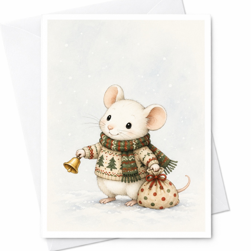 Mouse Christmas Greeting Card Cute Holiday Card With Bell And Scarf For Friends Family Kids Winter Festive Card C4279