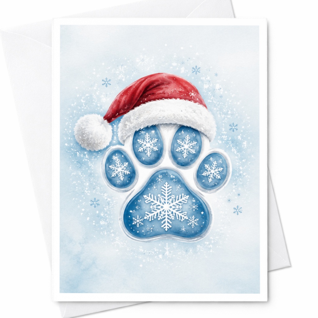 Christmas Dog Paw Print Greeting Card Cute Holiday Card With Santa Hat Snowflakes For Dog Lovers Festive Winter Card C4280