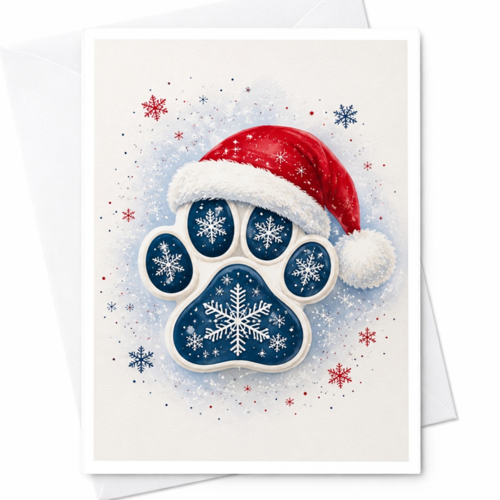 Christmas Dog Paw Print Card Santa Hat Holiday Greeting Card Cute Pet Lover Christmas Card Festive Winter Snowflake C4281