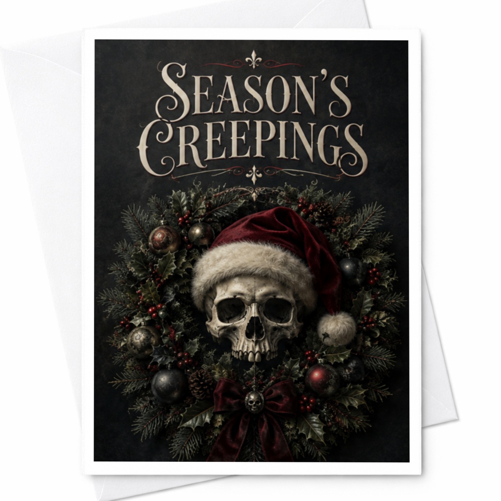 Season's Creepings Gothic Christmas Card Skull Wreath Dark Holiday Greeting Card Unique Festive Card For Horror Lovers C4309